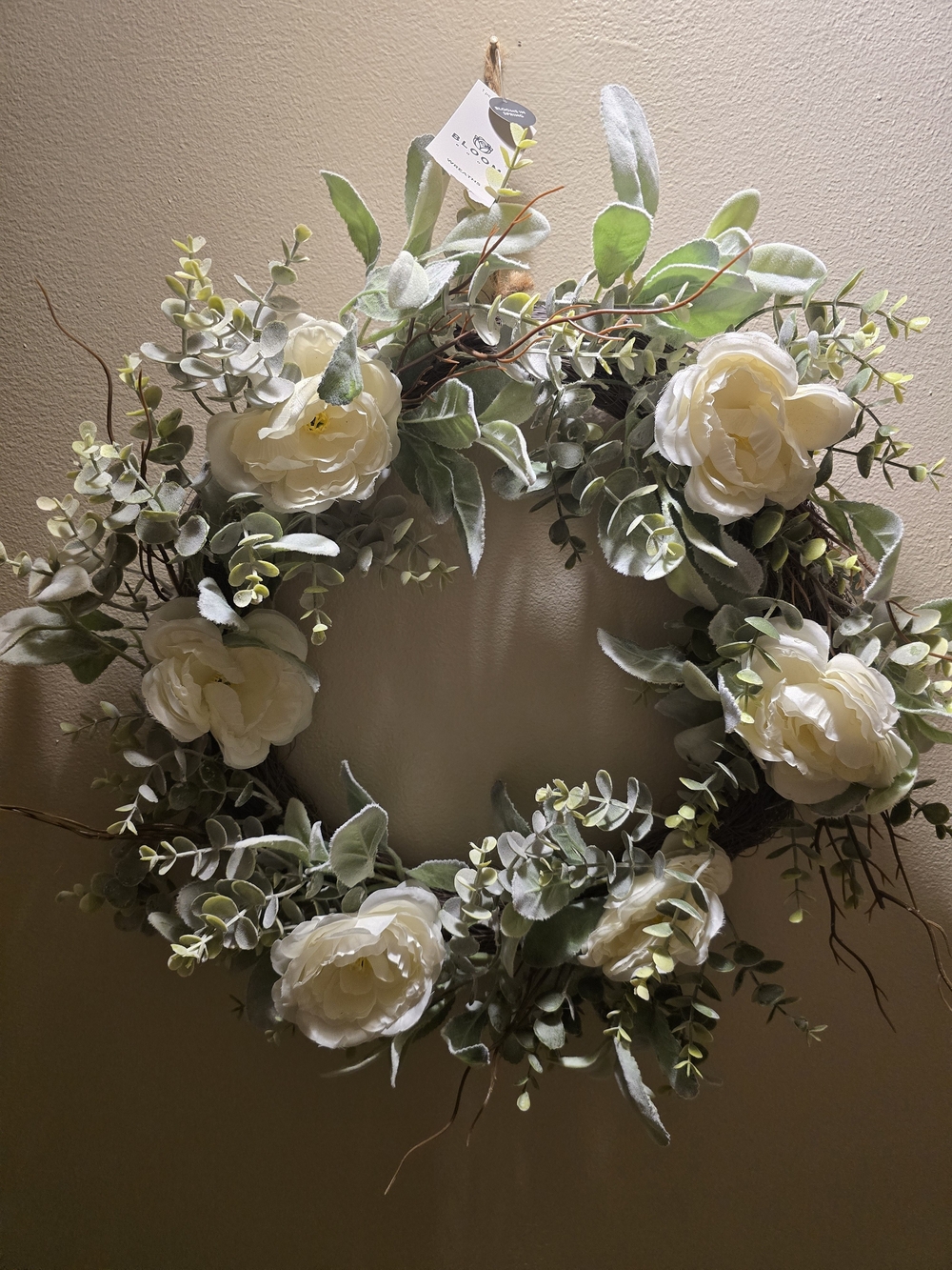 NWT Bloom Room 20" Spring Floral Wreath Faux Ivory Roses Eucalyptus Lambs Ear